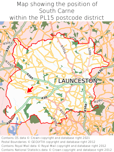 Map showing location of South Carne within PL15