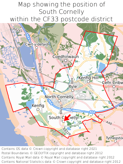 Map showing location of South Cornelly within CF33