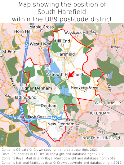 Map showing location of South Harefield within UB9