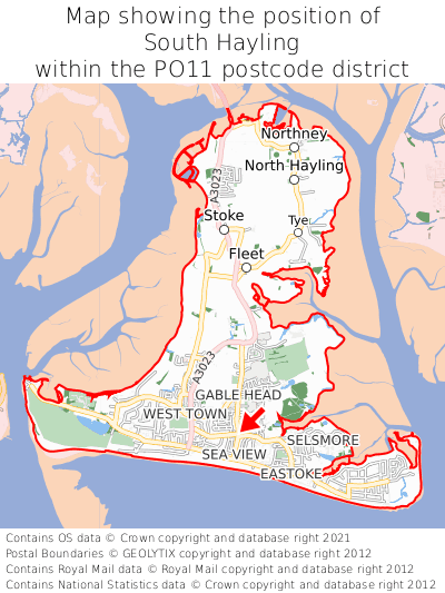 Map showing location of South Hayling within PO11