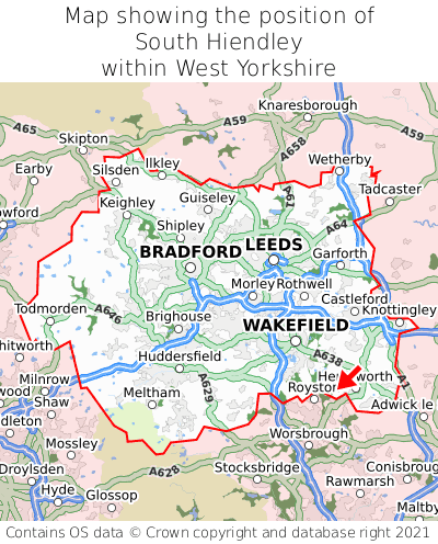 Map showing location of South Hiendley within West Yorkshire