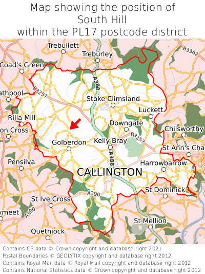 Map showing location of South Hill within PL17