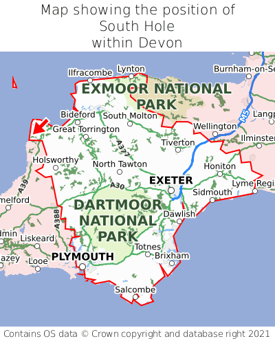 Map showing location of South Hole within Devon