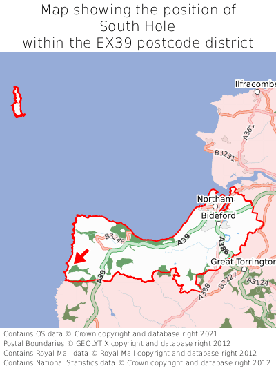 Map showing location of South Hole within EX39