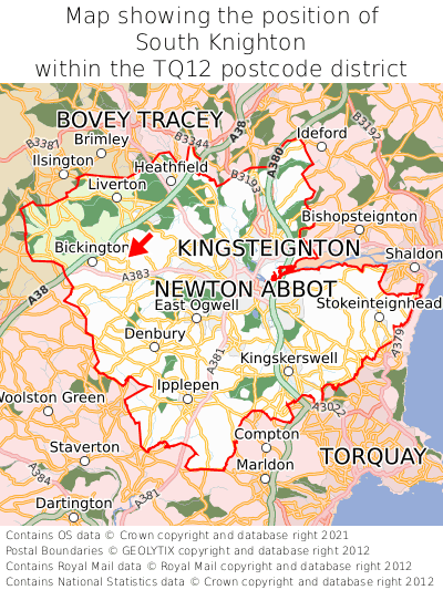 Map showing location of South Knighton within TQ12