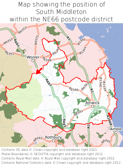 Map showing location of South Middleton within NE66