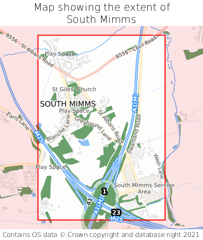 Map showing extent of South Mimms as bounding box