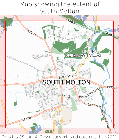 Map showing extent of South Molton as bounding box