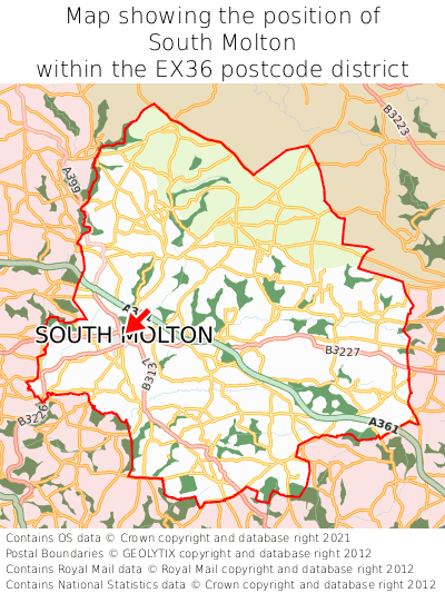 Map showing location of South Molton within EX36