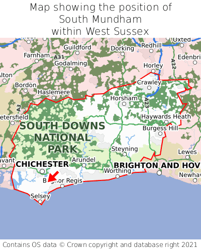 Map showing location of South Mundham within West Sussex