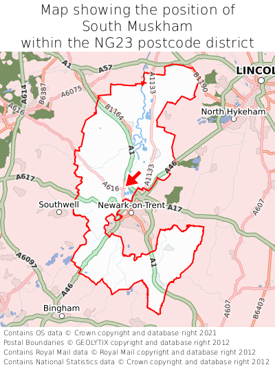 Map showing location of South Muskham within NG23