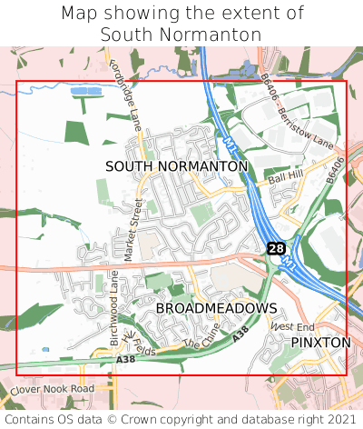 Map showing extent of South Normanton as bounding box