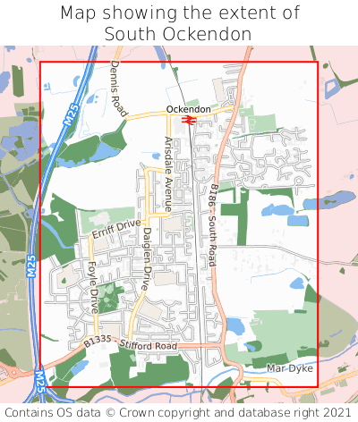 Map showing extent of South Ockendon as bounding box