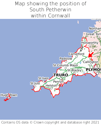 Map showing location of South Petherwin within Cornwall