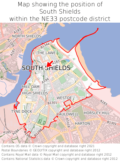 Map showing location of South Shields within NE33