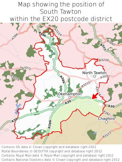 Map showing location of South Tawton within EX20