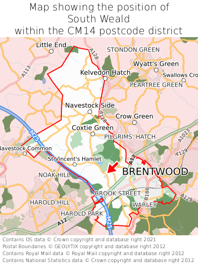 Map showing location of South Weald within CM14