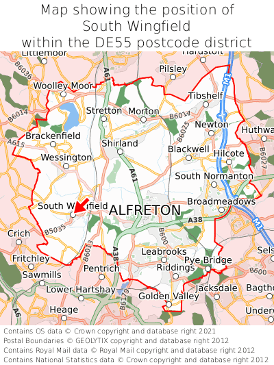 Map showing location of South Wingfield within DE55