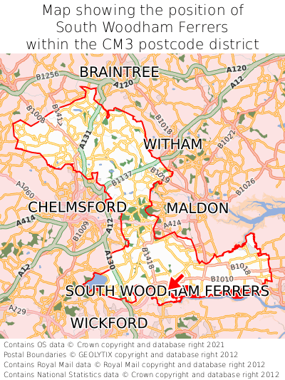 Map showing location of South Woodham Ferrers within CM3