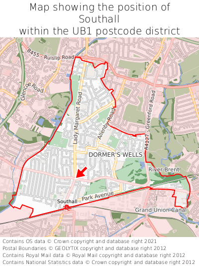 Map showing location of Southall within UB1