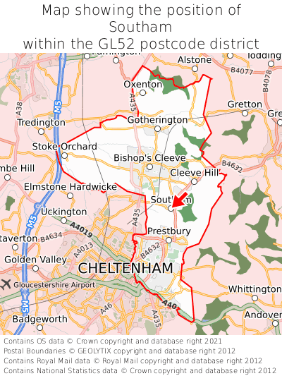 Map showing location of Southam within GL52
