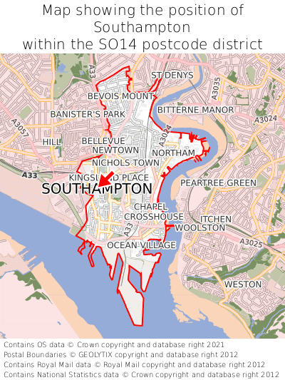 Map showing location of Southampton within SO14