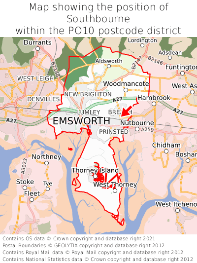 Map showing location of Southbourne within PO10