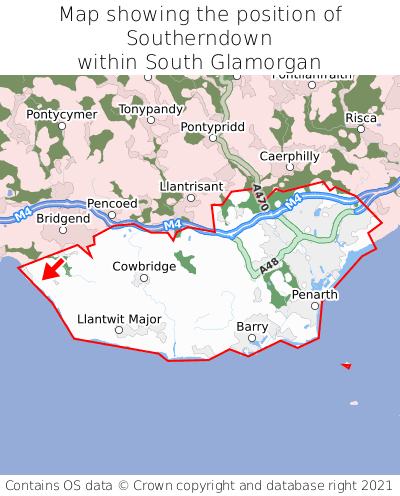 Map showing location of Southerndown within South Glamorgan