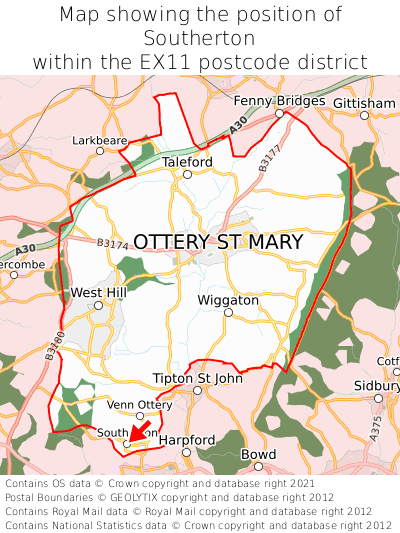 Map showing location of Southerton within EX11