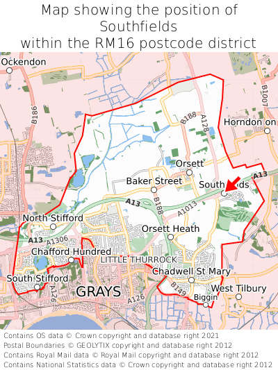 Map showing location of Southfields within RM16