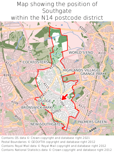 Map showing location of Southgate within N14