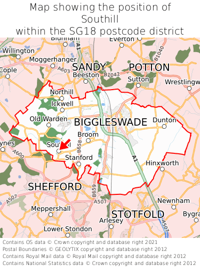 Map showing location of Southill within SG18