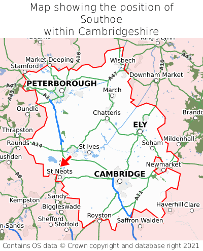 Map showing location of Southoe within Cambridgeshire
