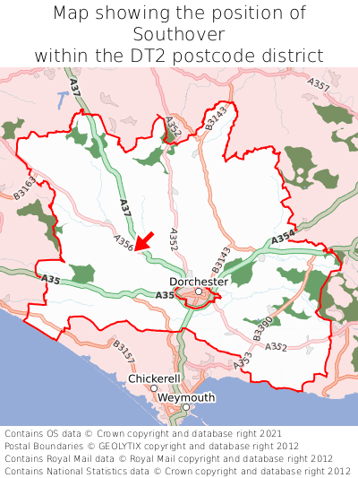 Map showing location of Southover within DT2