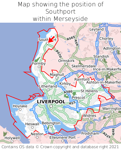 Map showing location of Southport within Merseyside