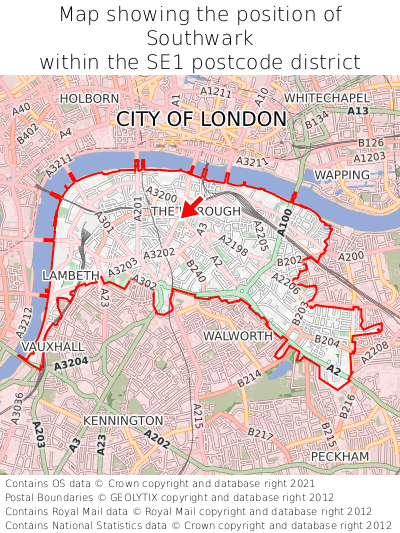 Map showing location of Southwark within SE1