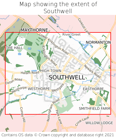Map showing extent of Southwell as bounding box