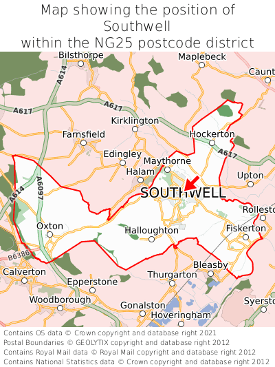Map showing location of Southwell within NG25