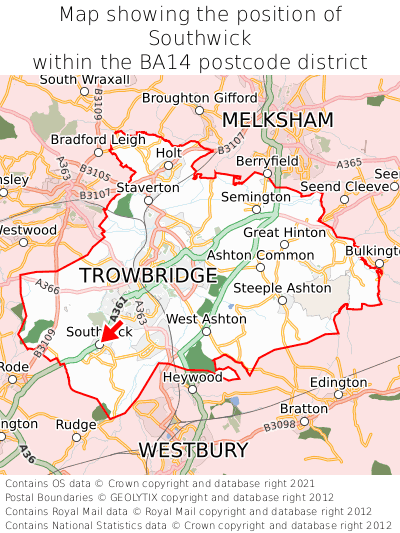 Map showing location of Southwick within BA14