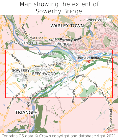 Map showing extent of Sowerby Bridge as bounding box