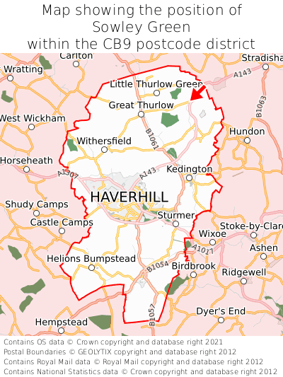 Map showing location of Sowley Green within CB9