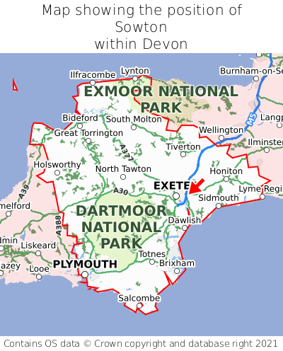 Map showing location of Sowton within Devon