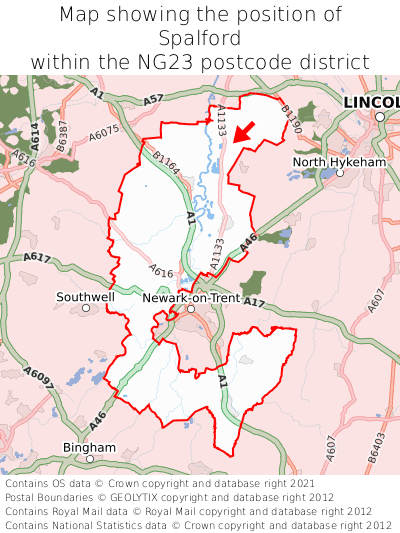 Map showing location of Spalford within NG23