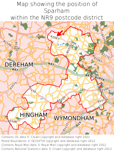 Map showing location of Sparham within NR9