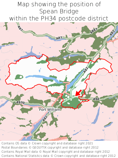 Map showing location of Spean Bridge within PH34