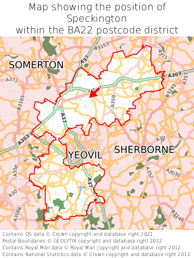 Map showing location of Speckington within BA22