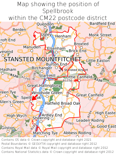 Map showing location of Spellbrook within CM22