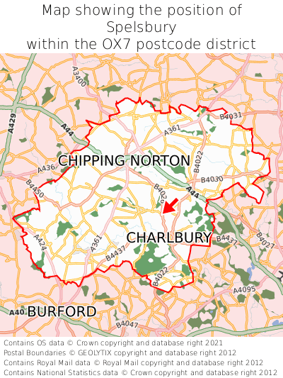 Map showing location of Spelsbury within OX7