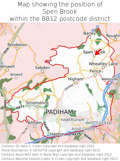 Map showing location of Spen Brook within BB12