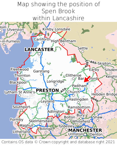 Map showing location of Spen Brook within Lancashire